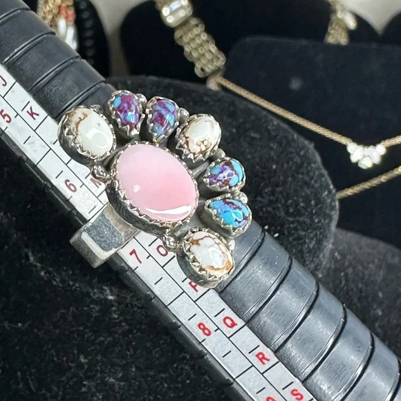 Sterling Silver Pink Conch & Composite gemstones half flower Ring Sz 6.5 adj - Picture 8 of 14